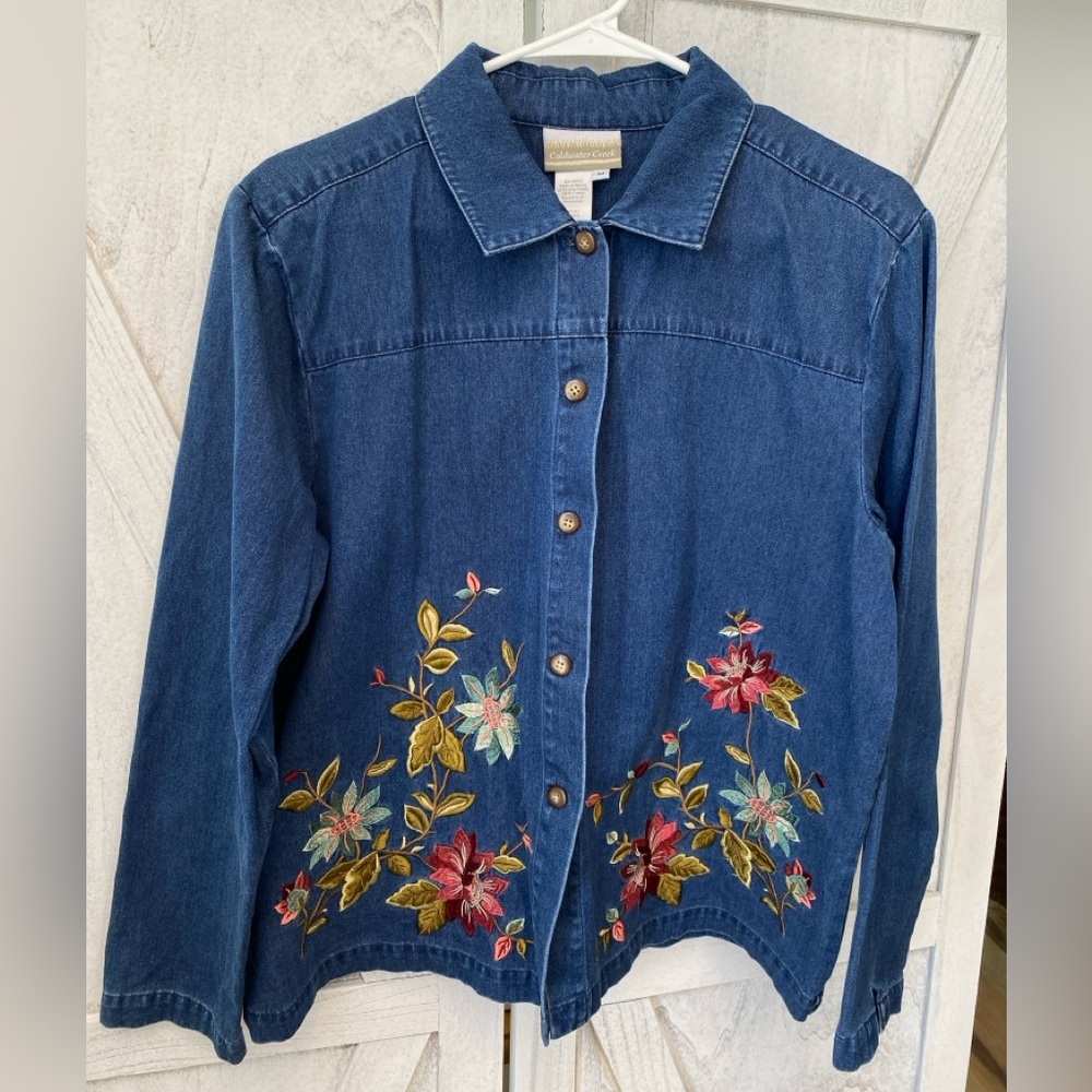 Coldwater Creek Embroidered Floral Denim Jacket Top Women’s Medium Blue